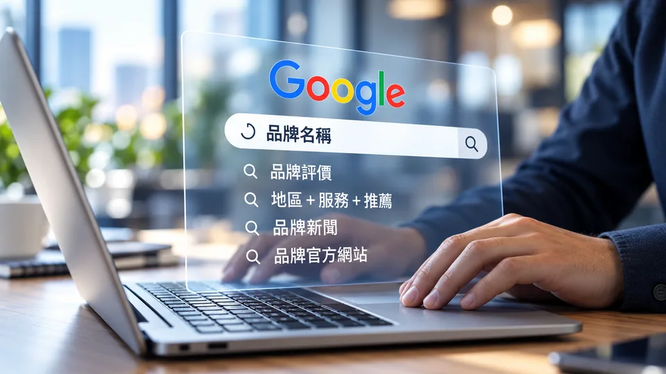 筆電前浮著 Google 搜尋框，列出品牌名稱、品牌評價、地區＋服務＋推薦、品牌新聞、品牌官方網站
