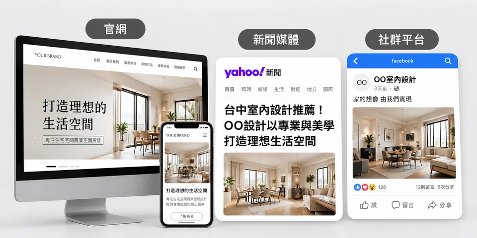 官網、新聞媒體、社群平台三個畫面並排，都是同一家室內設計公司的內容